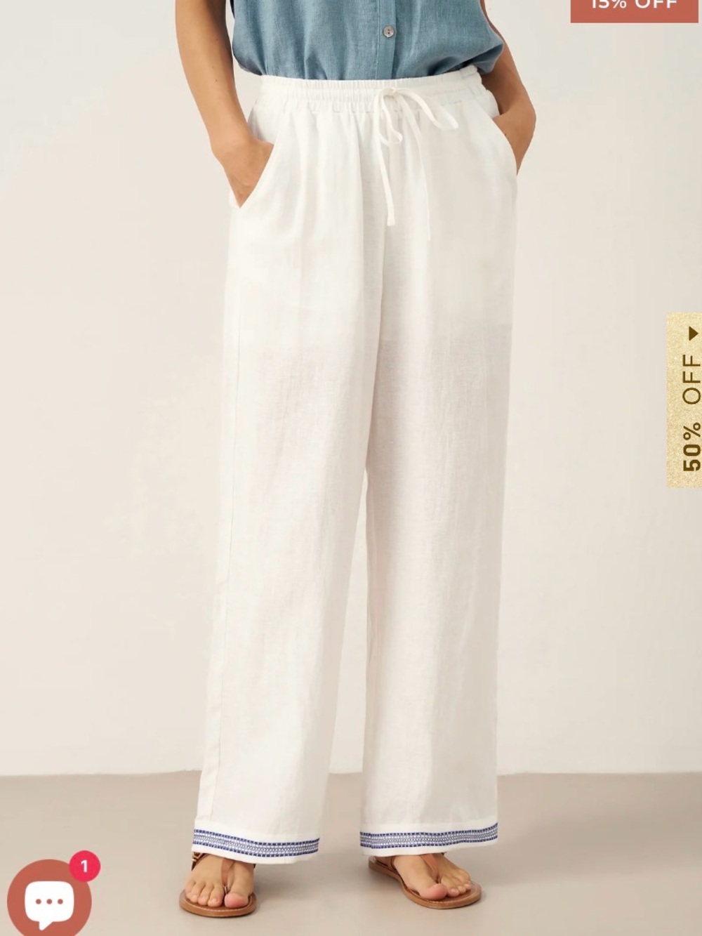 NWT Lintico Linen Pants 2XL White w Embroidered Blue Design Cuffs